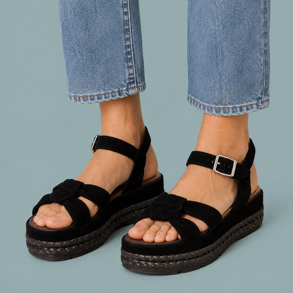 UGG Size 7 Neusch Black Suede Knotted Ankle Strap Platform Espadrille Sandals